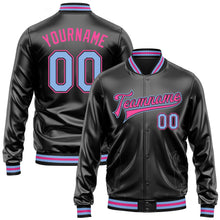 Laden Sie das Bild in den Galerie-Viewer, Uksn Individuelles Bomberjacke in Schwarz-Hellblau-Pink mit Kunstleder, Druckknopfleiste und Varsity-Letterman-Stil