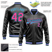 Laden Sie das Bild in den Galerie-Viewer, Uksn Individuelles Bomberjacke in Schwarz-Pink-Himmelblau mit Kunstleder, Druckknopfleiste und Varsity-Letterman-Stil