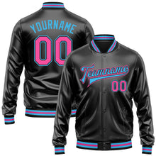 Laden Sie das Bild in den Galerie-Viewer, Uksn Individuelles Bomberjacke in Schwarz-Pink-Himmelblau mit Kunstleder, Druckknopfleiste und Varsity-Letterman-Stil