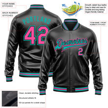 Laden Sie das Bild in den Galerie-Viewer, Uksn Individuelles Bomberjacke in Schwarz-Pink-Aqua mit Kunstleder, Druckknopfleiste und Varsity-Letterman-Stil