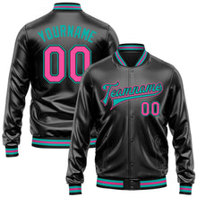 Laden Sie das Bild in den Galerie-Viewer, Uksn Individuelles Bomberjacke in Schwarz-Pink-Aqua mit Kunstleder, Druckknopfleiste und Varsity-Letterman-Stil