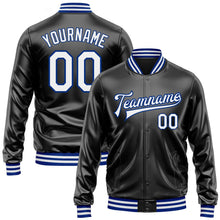 Laden Sie das Bild in den Galerie-Viewer, Uksn Individuelles Bomberjacke in Schwarz-Weiß-Royalblau mit Kunstleder, Druckknopfleiste und Varsity-Letterman-Stil