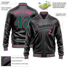 Laden Sie das Bild in den Galerie-Viewer, Uksn Individuelles Bomberjacke in Schwarz-Kelly-Grün-Pink mit Kunstleder, Druckknopfleiste und Varsity-Letterman-Stil