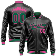Laden Sie das Bild in den Galerie-Viewer, Uksn Individuelles Bomberjacke in Schwarz-Kelly-Grün-Pink mit Kunstleder, Druckknopfleiste und Varsity-Letterman-Stil