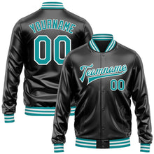 Laden Sie das Bild in den Galerie-Viewer, Uksn Individuelles Bomberjacke in Schwarz-Petrol-Weiß mit Kunstleder, Druckknopfleiste und Varsity-Letterman-Stil