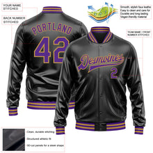 Laden Sie das Bild in den Galerie-Viewer, Uksn Individuelles Bomberjacke in Schwarz-Violett-Altgold mit Kunstleder, Druckknopfleiste und Varsity-Letterman-Stil