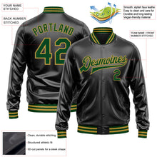 Laden Sie das Bild in den Galerie-Viewer, Uksn Individuelles Bomberjacke in Schwarz-Grün-Altgold mit Kunstleder, Druckknopfleiste und Varsity-Letterman-Stil