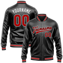 Laden Sie das Bild in den Galerie-Viewer, Uksn Individuelles Bomberjacke in Schwarz-Rot-Weiß mit Kunstleder, Druckknopfleiste und Varsity-Letterman-Stil