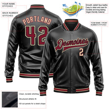 Laden Sie das Bild in den Galerie-Viewer, Uksn Individuelles Bomberjacke in Schwarz-Karmesinrot-City-Creme mit Kunstleder, Druckknopfleiste und Varsity-Letterman-Stil