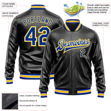 Laden Sie das Bild in den Galerie-Viewer, Uksn Individuelles Bomberjacke in Schwarz-Royalblau-Gelb mit Kunstleder, Druckknopfleiste und Varsity-Letterman-Stil