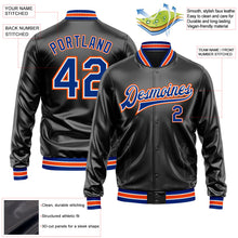 Laden Sie das Bild in den Galerie-Viewer, Uksn Individuelles Bomberjacke in Schwarz-Royalblau-Orange mit Kunstleder, Druckknopfleiste und Varsity-Letterman-Stil