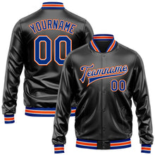 Laden Sie das Bild in den Galerie-Viewer, Uksn Individuelles Bomberjacke in Schwarz-Royalblau-Orange mit Kunstleder, Druckknopfleiste und Varsity-Letterman-Stil