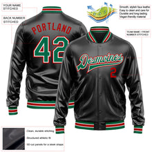 Laden Sie das Bild in den Galerie-Viewer, Uksn Individuelles Bomberjacke in Schwarz-Kelly-Grün-Rot mit Kunstleder, Druckknopfleiste und Varsity-Letterman-Stil