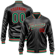 Laden Sie das Bild in den Galerie-Viewer, Uksn Individuelles Bomberjacke in Schwarz-Kelly-Grün-Rot mit Kunstleder, Druckknopfleiste und Varsity-Letterman-Stil