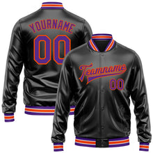 Laden Sie das Bild in den Galerie-Viewer, Uksn Individuelles Bomberjacke in Schwarz-Violett-Orange mit Kunstleder, Druckknopfleiste und Varsity-Letterman-Stil
