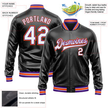 Laden Sie das Bild in den Galerie-Viewer, Uksn Individuelles Bomberjacke in Schwarz-Weiß-Violett mit Kunstleder, Druckknopfleiste und Varsity-Letterman-Stil
