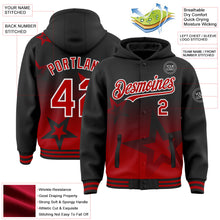 Laden Sie das Bild in den Galerie-Viewer, Uksn Individuelles Bomberjacke in Schwarz-Rot-Weiß mit Funkelstern-Design im Farbverlauf, Druckknopfleiste, Kapuze und Varsity-Letterman-Stil