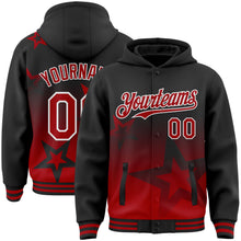 Laden Sie das Bild in den Galerie-Viewer, Uksn Individuelles Bomberjacke in Schwarz-Rot-Weiß mit Funkelstern-Design im Farbverlauf, Druckknopfleiste, Kapuze und Varsity-Letterman-Stil