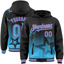 Laden Sie das Bild in den Galerie-Viewer, Uksn Individuelles Bomberjacke in Schwarz-Himmelblau-Pink mit Funkelstern-Design im Farbverlauf, Druckknopfleiste, Kapuze und Varsity-Letterman-Stil