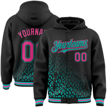 Laden Sie das Bild in den Galerie-Viewer, Uksn Individuelles Bomberjacke in Schwarz-Pink-Aqua mit Leopardenmuster und Verlaufseffekt, Druckknopfleiste, Kapuze und Varsity-Letterman-Stil