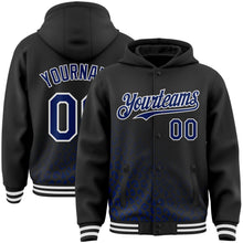 Laden Sie das Bild in den Galerie-Viewer, Uksn Individuelles Bomberjacke in Schwarz-Royalblau-Weiß mit Leopardenmuster und Verlaufseffekt, Druckknopfleiste, Kapuze und Varsity-Letterman-Stil