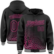Laden Sie das Bild in den Galerie-Viewer, Uksn Individuelles Bomberjacke in Schwarz-Pink mit Leopardenmuster und Verlaufseffekt, Druckknopfleiste, Kapuze und Varsity-Letterman-Stil