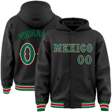 Laden Sie das Bild in den Galerie-Viewer, Uksn Individuelles Bomberjacke in Schwarz-Kelly-Grün-Weiß-Rot mit Mexiko-Aztekenkalender-Design, Druckknopfleiste, Kapuze und Varsity-Letterman-Stil