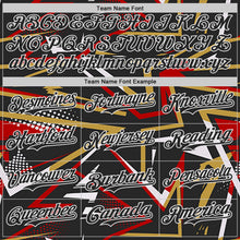 Laden Sie das Bild in den Galerie-Viewer, Uksn Individuelles Bomberjacke in Schwarz-Rot-Altgold-Weiß mit dynamischem geometrischen Splitter-Design, Druckknopfleiste, Kapuze und Varsity-Letterman-Stil