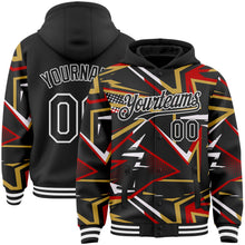 Laden Sie das Bild in den Galerie-Viewer, Uksn Individuelles Bomberjacke in Schwarz-Rot-Altgold-Weiß mit dynamischem geometrischen Splitter-Design, Druckknopfleiste, Kapuze und Varsity-Letterman-Stil