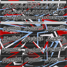 Laden Sie das Bild in den Galerie-Viewer, Uksn Individuelles Bomberjacke in Schwarz-Rot-Hellblau-Weiß mit dynamischem geometrischen Splitter-Design, Druckknopfleiste, Kapuze und Varsity-Letterman-Stil