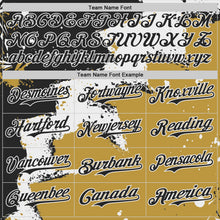 Laden Sie das Bild in den Galerie-Viewer, Uksn Individuelles Bomberjacke in Schwarz-Weiß-Altgold mit Design im Torn-Paper-Stil und Farbspritzern, Druckknopfleiste, Kapuze und Varsity-Letterman-Stil