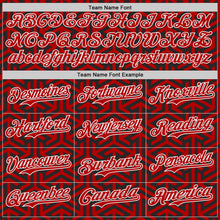 Laden Sie das Bild in den Galerie-Viewer, Uksn Individuelles Bomberjacke in Schwarz-Rot-Weiß mit geometrischem Pfeil-Design, Druckknopfleiste, Kapuze und Varsity-Letterman-Stil