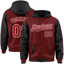 Laden Sie das Bild in den Galerie-Viewer, Uksn Individuelles Bomberjacke in Schwarz-Rot-Weiß mit geometrischem Pfeil-Design, Druckknopfleiste, Kapuze und Varsity-Letterman-Stil