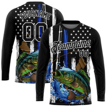 Laden Sie das Bild in den Galerie-Viewer, Uksn Individuelles Schwarz Weiß 3D Amerikanische Flagge und Fisch Angeln Langarm Funktions-T-Shirt