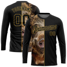 Laden Sie das Bild in den Galerie-Viewer, Uksn Individuelles Schwarz Altgold 3D Tier Wildschwein Jagd Langarm Funktions-T-Shirt