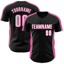 Laden Sie das Bild in den Galerie-Viewer, Uksn Individuelles Schwarz Weiß-Pink Klassischer Farbblock Seitenpanel-Streifen Authentisches Baseball-Trikot