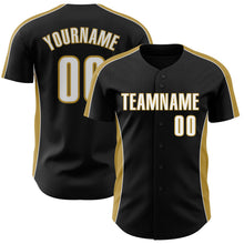 Laden Sie das Bild in den Galerie-Viewer, Uksn Individuelles Schwarz Weiß-Altgold Klassischer Farbblock Seitenpanel-Streifen Authentisches Baseball-Trikot