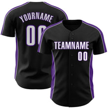 Laden Sie das Bild in den Galerie-Viewer, Uksn Individuelles Schwarz Weiß-Violett Klassischer Farbblock Seitenpanel-Streifen Authentisches Baseball-Trikot