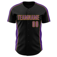 Laden Sie das Bild in den Galerie-Viewer, Uksn Individuelles Schwarz Violett-Gold Klassischer Farbblock Seitenpanel-Streifen Authentisches Baseball-Trikot