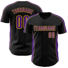 Laden Sie das Bild in den Galerie-Viewer, Uksn Individuelles Schwarz Violett-Gold Klassischer Farbblock Seitenpanel-Streifen Authentisches Baseball-Trikot