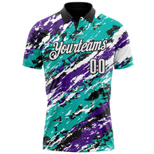 Laden Sie das Bild in den Galerie-Viewer, Uksn Individuelles Schwarz Violett-Aqua 3D-Bowling abstrakte Grunge-Kunst Funktions-Poloshirt