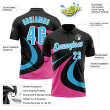 Laden Sie das Bild in den Galerie-Viewer, Uksn Individuelles Schwarz Himmelblau-Pink 3D-Bowling geometrische Form Funktions-Poloshirt