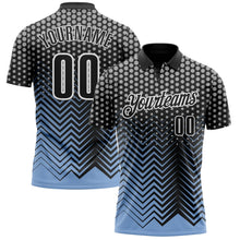 Laden Sie das Bild in den Galerie-Viewer, Uksn Individuelles Schwarz Hellblau-Grau 3D-Bowling geometrische Form Funktions-Poloshirt