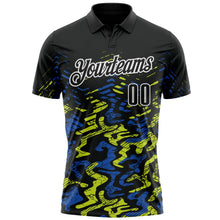 Laden Sie das Bild in den Galerie-Viewer, Uksn Individuelles Schwarz Royalblau-Neongelb 3D-Bowling abstrakte Grunge-Kunst Funktions-Poloshirt