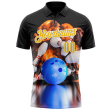 Laden Sie das Bild in den Galerie-Viewer, Uksn Individuelles Schwarz Gelb-Weiß 3D-Bowling brennende Flammen Funktions-Poloshirt