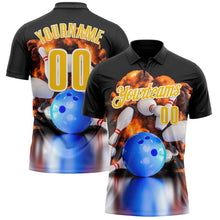 Laden Sie das Bild in den Galerie-Viewer, Uksn Individuelles Schwarz Gelb-Weiß 3D-Bowling brennende Flammen Funktions-Poloshirt