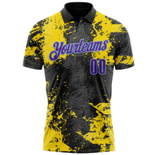 Laden Sie das Bild in den Galerie-Viewer, Uksn Individuelles Schwarz Violett-Hellblau 3D-Cornhole Farbspritzer Funktions-Poloshirt