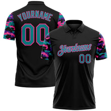 Laden Sie das Bild in den Galerie-Viewer, Uksn Individuelles Schwarz Petrol Violett-Pink Digitales Camouflage Zweifarbig Funktions-Poloshirt