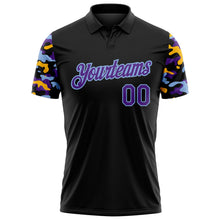Laden Sie das Bild in den Galerie-Viewer, Uksn Individuelles Schwarz Violett Hellblau-Gold Digitales Camouflage Zweifarbig Funktions-Poloshirt