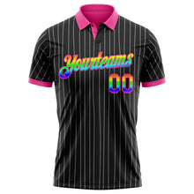 Laden Sie das Bild in den Galerie-Viewer, Uksn Individuelles Schwarz Weiß mit Nadelstreifen Regenbogen-Pink Funktions-Poloshirt